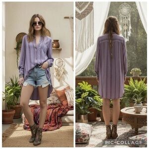FREE PEOPLE Shibori Magic Mountain Mist Purple Striped Hi-Lo Tunic Top Dress S
